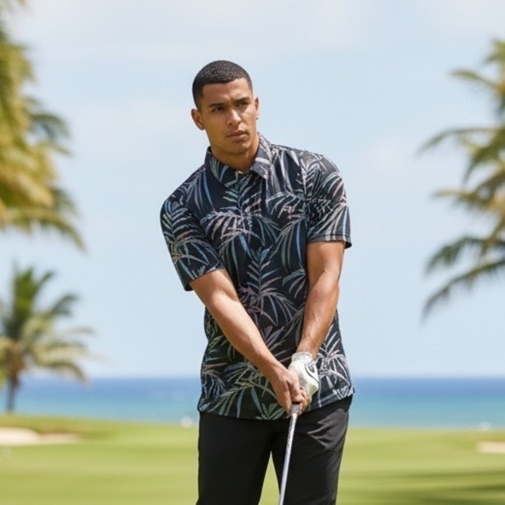 Travis Mathew Mens Medium Black Tropical Palm Leaf Pima Cotton Blend Golf Polo‎